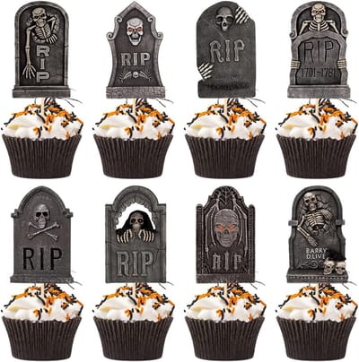 Taartprikkers - Pak van 40 Halloween-grafsteen-cupcaketoppers - Inclusief 8 ontwerpen met begraafplaatsthema - Halloween-taarttoppers met stokjes en lijm - Tafeldecoraties voor feesten - Feestbenodigdheden - Voorgerechtdecoraties