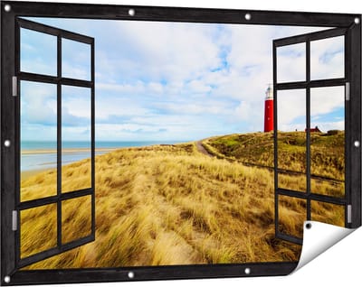 Gards Tuinposter Doorkijk Vuurtoren met Duinen in Texel - 120x80 cm - Tuindoek - Tuindecoratie - Wanddecoratie buiten - Tuinschilderij