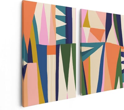 Artaza Canvas Schilderij Tweeluik Abstracte Kleurrijke Kunst - Driehoeken - 80x60 cm - Wanddecoratie Woonkamer - Schilderijen - Muurdecoratie