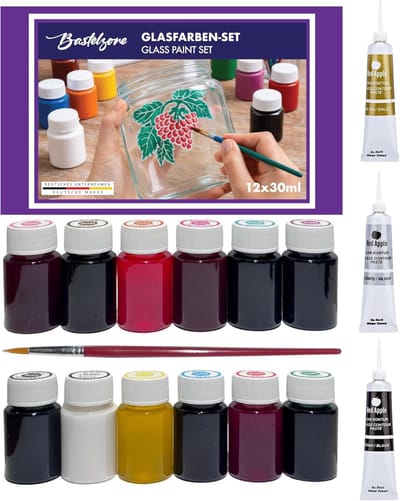 Bastelzone Glasverfset 420 ml, 12 x 30 ml glasverf op waterbasis + 3x 20 ml Contourverfset, Glaskleur voor decoratief design