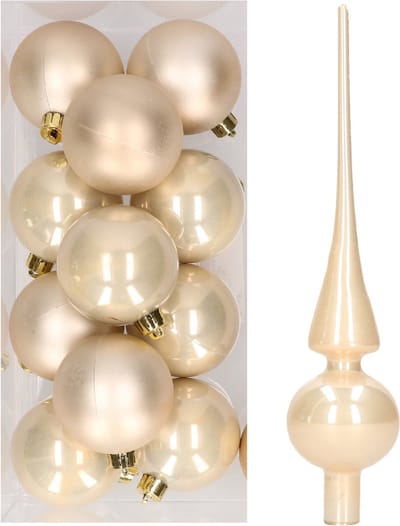 12x Champagne kunststof kerstballen met glazen piek glans - Kerstversiering