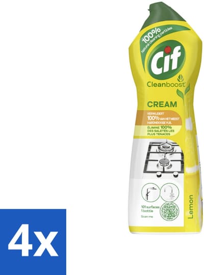 4 x Cif Schuurmiddel Cream Citroen 750 ml - Schoonmaken - Schuurmiddel - Citroengeur - Vet Verwijderen - Kalkaanslag Verwijderen