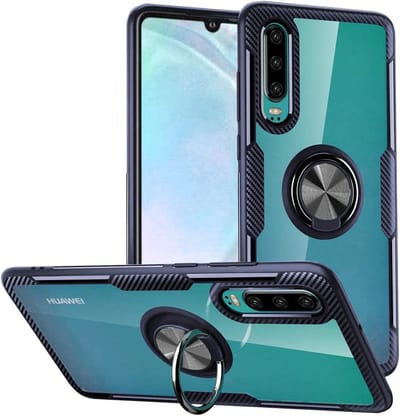 Hoesje Geschikt voor Huawei P30 Lite / P30 Lite New Edition hoesje luxe Carbon Fiber Ring houder Armor - Blauw