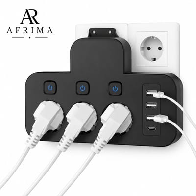 Zwart 3-in-1 AC Stopcontact met 3 USB-poorten & 1 USB-C Poort – EU Stekker Adapter met Individuele Schakelaars – Ideaal voor Reizen, Thuis & Kantoor – Zonder Kabel