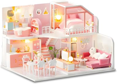 Miniatuur Poppenhuis - Houten Knutselhuis - Creatief Bouwen - Inclusief LED Verlichting - 25 x 19.5 x 18 cm - Roze