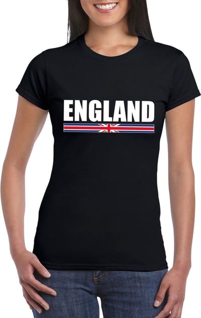Engeland supporters kleding t-shirt - voor dames - zwart - met vlag kleuren print - korte mouwen S