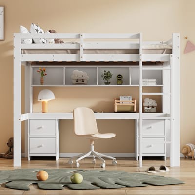 Hoogslaper - 90x200 cm - Bed Boven En Bureau Onder - Opbergruimte En Trap - Zonder Matras - Wit