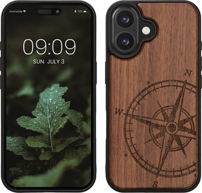 kwmobile telefoonhoesje geschikt voorApple iPhone 16 - Hoesje met bumper - hout - In donkerbruin Vintage Kompas design