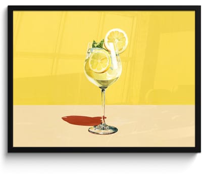 Poster in lijst - Fotolijst 70x50 cm - Posters - Wijnglas - Citroen - Geel - Minimalistisch - Posterlijst zwart - Decoratie - Wanddecoratie woonkamer - Muurdecoratie slaapkamer