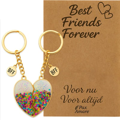 BFF Sleutelhanger voor 2 'Best Friends Forever' - Magnetisch Glitter Hartje - Sleutelhangers op Cadeau Kaartje - Goudkleurig - Vriendschap Symbool - Pax Amare
