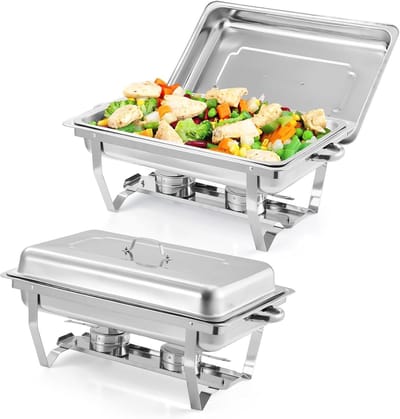 Chafing Dish Set van 2 - 9 Liter (8 Qt) - RVS Buffetwarmer - Inclusief Deksel & Brandstofhouder - Opvouwbaar - Voor Catering, Feesten & Bruiloften - Zilver