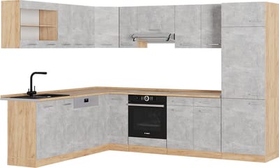 Vicco Hoekkeuken R-Line, Beton/Goudkleurig Eiken, 287 x 227 cm, WB Eik