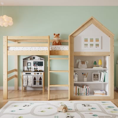 MODFU Hoogslaper 90x200 cm – Huisvormig met opbergvakken & lades – Hout en MDF – Wit/naturel