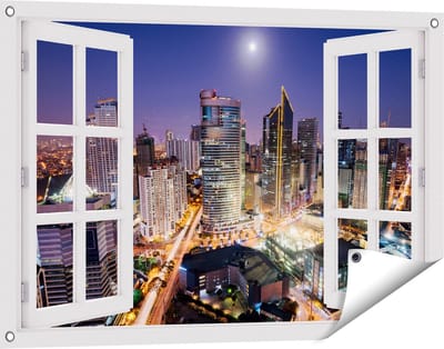 Gards Tuinposter Doorkijk Makati Stad Skyline in de Nacht in Thailand - 90x60 cm - Tuindoek - Tuindecoratie - Wanddecoratie buiten - Tuinschilderij
