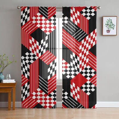 Rood Zwart Geometrisch Abstracte Middeleeuwen Voile Transparante Gordijnen Woonkamer Raam Tule Gordijn Keuken Slaapkamer Gordijnen Huisdecoratie 135W x 114H(cm) white
