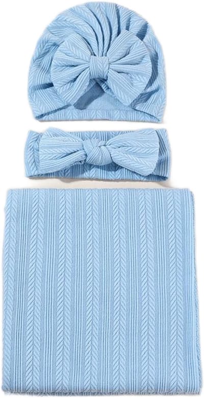 Babydeken voor meisjes - Warm en comfortabel - Wordt geleverd met bijpassende strikmuts en strikhoofdband - Geschikt voor pasgeborenen -blauw