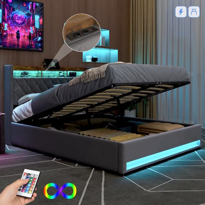MIVRAY Polsterbed 160x200 cm - Opbergruimte - LED-Licht - USB Poort - Veilig Design - Grijs - Samt + Metaal