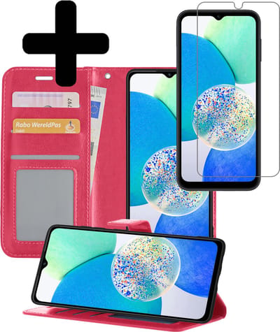 Hoesje - Met Screenprotector - Geschikt voor Samsung Galaxy A14 - Luxe Pasjeshouder - Bookcase Portemonee - Flip Case - Kunstleer Book Case - Flipcase - Book Cover - Walletcase - Portemonneehoes - Telefoonhoesjes - Donkerroze