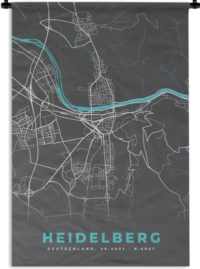 Wandkleed - Wanddoek - Heidelberg – Stadskaart – Blauw – Plattegrond – Stadskaart – Kaart - Duitsland - 120x180 cm - Wandtapijt