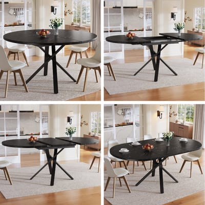 Ronde Eettafel - 100(140) cm - Uitschuifbare Tafel Marmorlook - Keukentafel Ontbijttafel - Metaal/MDF - Zwart