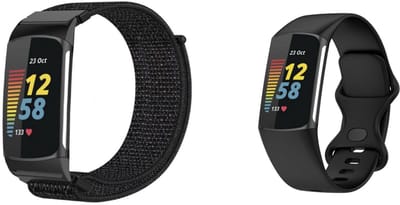 Strap-it Nylon band (Zwart) + Siliconen band (Zwart) - Geschikt voor Fitbit Charge 6 / Fitbit Charge 5 - Horlogeband / Polsband / Armband - Sportarmband - Zachte Nylon band - geweven band - Maat: L