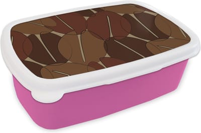 Broodtrommel Roze - Lunchbox - Brooddoos - Koffiebonen - Patronen - Coffee - 18x12x6 cm - Kinderen - Meisje