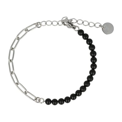 My Bendel - Combi Schakelarmband Zilverkleurig Onyx Edelsteen - Zilverkleurige Schakelarmband met Onyx Edelstenen - met Luxe Cadeauverpakking | Sieraden Voor Dames