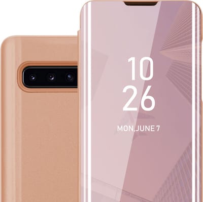 Cadorabo Hoesje geschikt voor Samsung Galaxy S10 4G in KUNZIET ROZE - Clear View Spiegel Beschermende Case met Tribunefunctie 360 Graden Bescherming Book Case Cover Etui