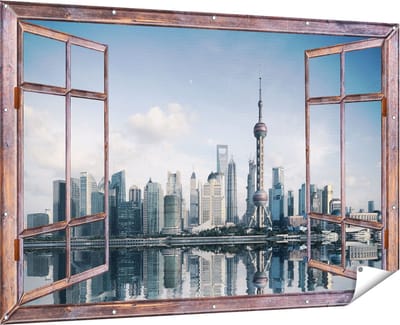 Gards Tuinposter Doorkijk Shanghai Skyline in China - 180x120 cm - Tuindoek - Tuindecoratie - Wanddecoratie buiten - Tuinschilderij