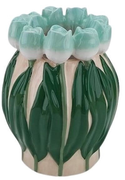 Housevitamin Vaas- Bloemen Vaas met Tulpen rand - Dolomiet - Licht Groen/ Groen- 14x14x18cm