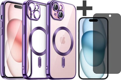 Hoesje met Privacy Screenprotector Geschikt voor iphone 15 Plus Hoesje - Geschikt voor MagSafe - Arara siliconen Backcover - Paars