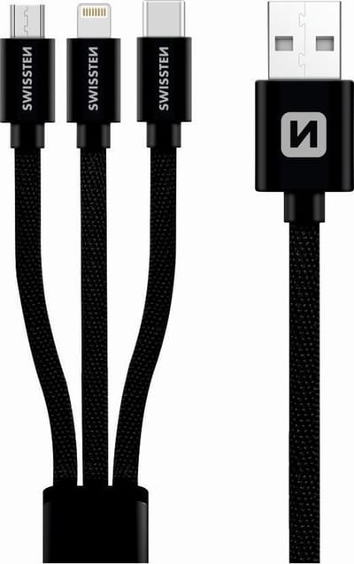 Swissten 3 in 1 kabel - Micro USB / USB-C / Lightning MFI Gecertificeerd Kabel - 1.2M - Zwart