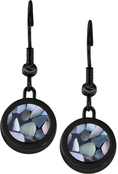 Quiges RVS Schroefsysteem Oorhangers Oorbellen Zwart met Verwisselbare Grijze Vlokjes Schelp Mini Munt Set - ECOS258