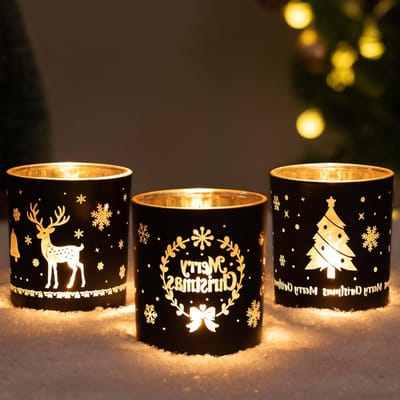 Set van 3 Luxe Zwarte Gouden Theelichthouders van Glas met Hert, Kransen en Kerstbomen voor Romantische Tafeldecoratie en Woonkamerinrichting tijdens de Feestdagen