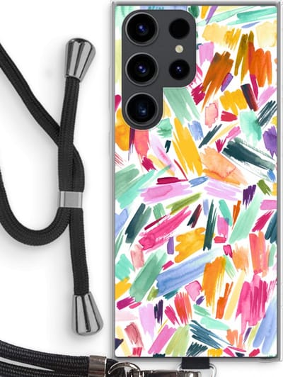 Hoesje met koord geschikt voor Samsung Galaxy S23 Ultra hoesje met Koord - Watercolor Brushstrokes - Telefoonhoesje met Zwart Koord - Bescherming aan alle Kanten en Over de Schermrand