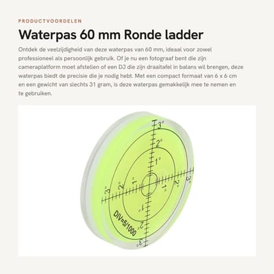 Dailygoods- Waterpas 60 mm - Ronde Waterpas - Compact en Draagbaar - Nauwkeurig Niveaugereedschap - Geschikt voor Camera en Apparatuur - Bullseye Niveau - Niveaumeter