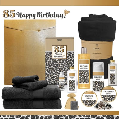 Geschenkset “85 Happy Birthday” - 13 producten - 1980 gram | Cadeau Verjaardag - Luxe wellness cadeaubox - Giftset Speciaal voor Haar - Gefeliciteerd - Verjaardag - Cadeaupakket - Gift Set Party - Verjaardagscadeau - Panter - Zwart
