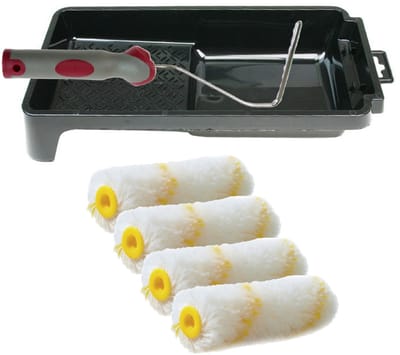 Veba pluisvrije verfrollers schilderen set - met beugel en verfbak - 4x anti spat vacht rollers - pluisvrij - breedte 10 cm x dikte 4 cm - wasbaar