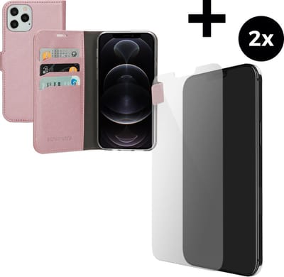 Mobiparts Saffiano Wallet hoesje geschikt voor Apple iPhone 12 met 2 Screenprotectors van Gehard Glas - Roze