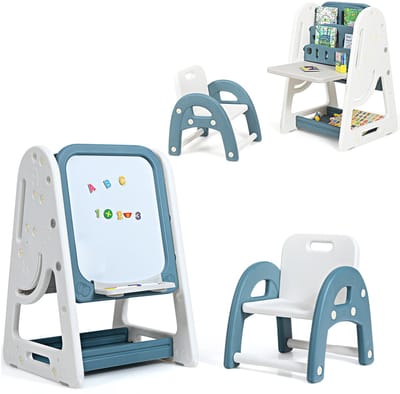 COSTWAY 2-in-1 kinderezel & kinderzitgroep met boekenkast, kindertafel & stoel met opbergplank en inklapbaar tafelblad, staand bord met schilderaccessoires (blauw)