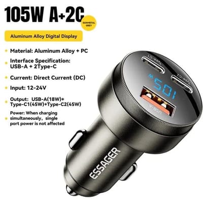 Essager 105W USB-autolader Snel opladen 4.0 QC4.0 QC3.0 QC SCP PPS PD USB Type C Snel opladen voor iPhone 14 15 Xiaomi-telefoon grijs