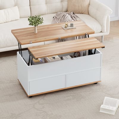 Salontafel 100*98*65 cm, in hoogte verstelbare salontafel met verborgen opbergruimte en plank, woonkamertafel met wielen en lades, multifunctionele eettafel met veel opbergruimte, wit + naturel hout
