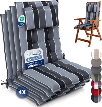 Beautissu Sun-HL – Set van 4 Premium Hoge Rugleuning Stoelkussen 120x50 cm – UV-bestendig – 8cm Dik – met Hoofdkussen & Bevestigingsbanden – Antislip – Antraciet Gestreept