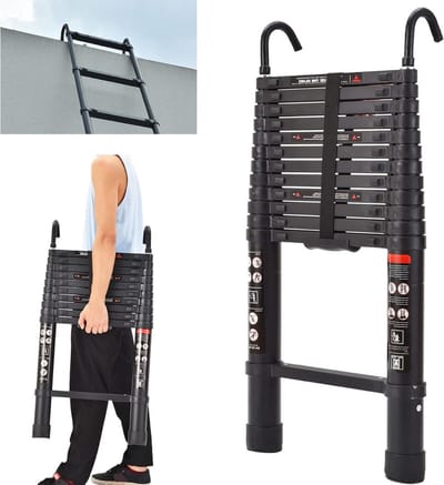 Huishoudtrap 12 Treden - Keukentrapje Basic Opvouwbaar – Keukentrap Met Balanceerstang – Telescopische Trapladder - Opstapje – Uittrekbare Vouwladder – Ladders – Keukentrap
