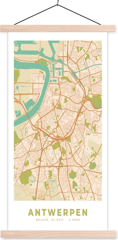 Posterhanger incl. Poster 60x120 cm - Schoolplaat - Antwerpen - Kaart - Stadskaart - Antwerpen - Plattegrond - Textielposter - Blanke latten - Stadskaart