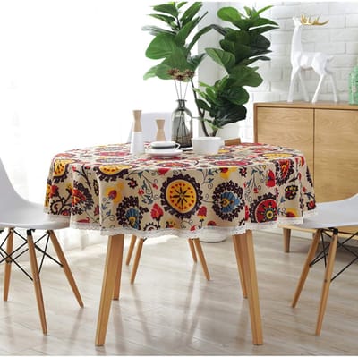 Bohemian ronde tafelkleed – Katoen-linnen met kant – Bloemenpatroon – Ø 150 cm – Voor eetkamer en keuken