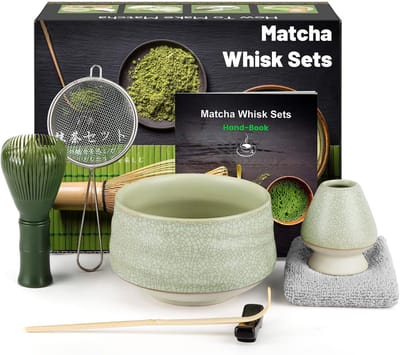 Famanu 7-delige matcha-set voor Japanse matcha-ceremonies, matcha-bezem van hars, matcha-kom, bamboeschep, zeef, theedoek, lepelhouder, melkopzetstuk, complete matcha-set, groen grijs