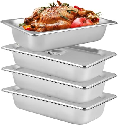 Set van 4 Bredingsschalen met Deksel van RVS - GN 1/3 Containers 32.5 x 17.5 x 6.5 cm voor Vlees, Vis en Groenten Bredingen