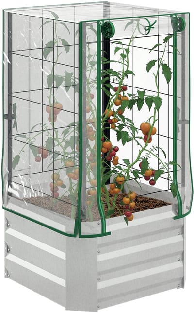 Killogood Verhoogde bak - kas - 3-delige set - met latwerk - plastic afdekking - 53 x 53 x 90 cm