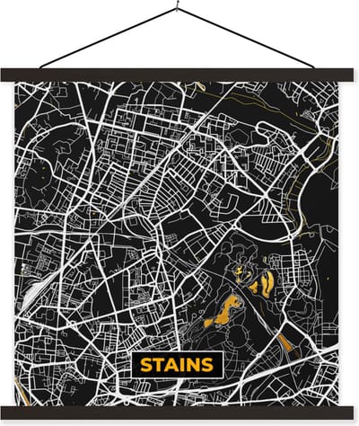Posterhanger incl. Poster 60x60 cm - Schoolplaat - Kaart - Frankrijk - Stadskaart - Plattegrond - Stains - Textielposter - Zwarte latten - Stadskaart